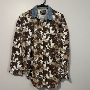 USED Woman's Quizz Long Sleeve Button Down Shirt Color Brown / White Size Med
